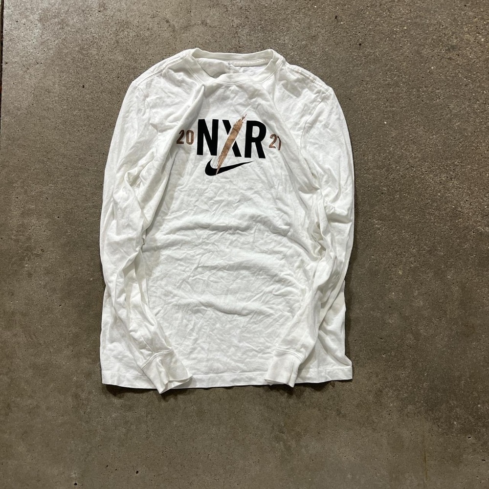 Nike White Long Sleeve Tee with Black and Brown Accents
